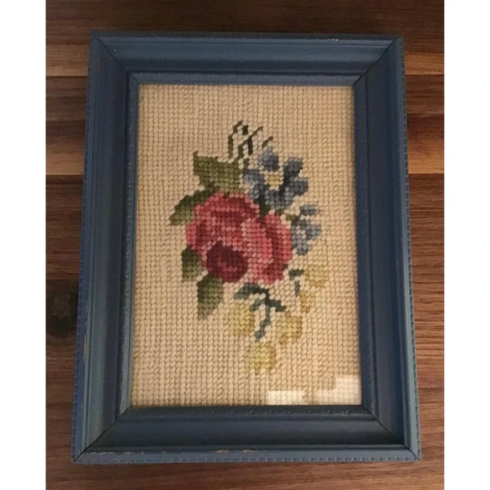 Vintage Needlepoint Floral Wall Art Pink Rose Blue Wood Frame Cottagecore 8x6